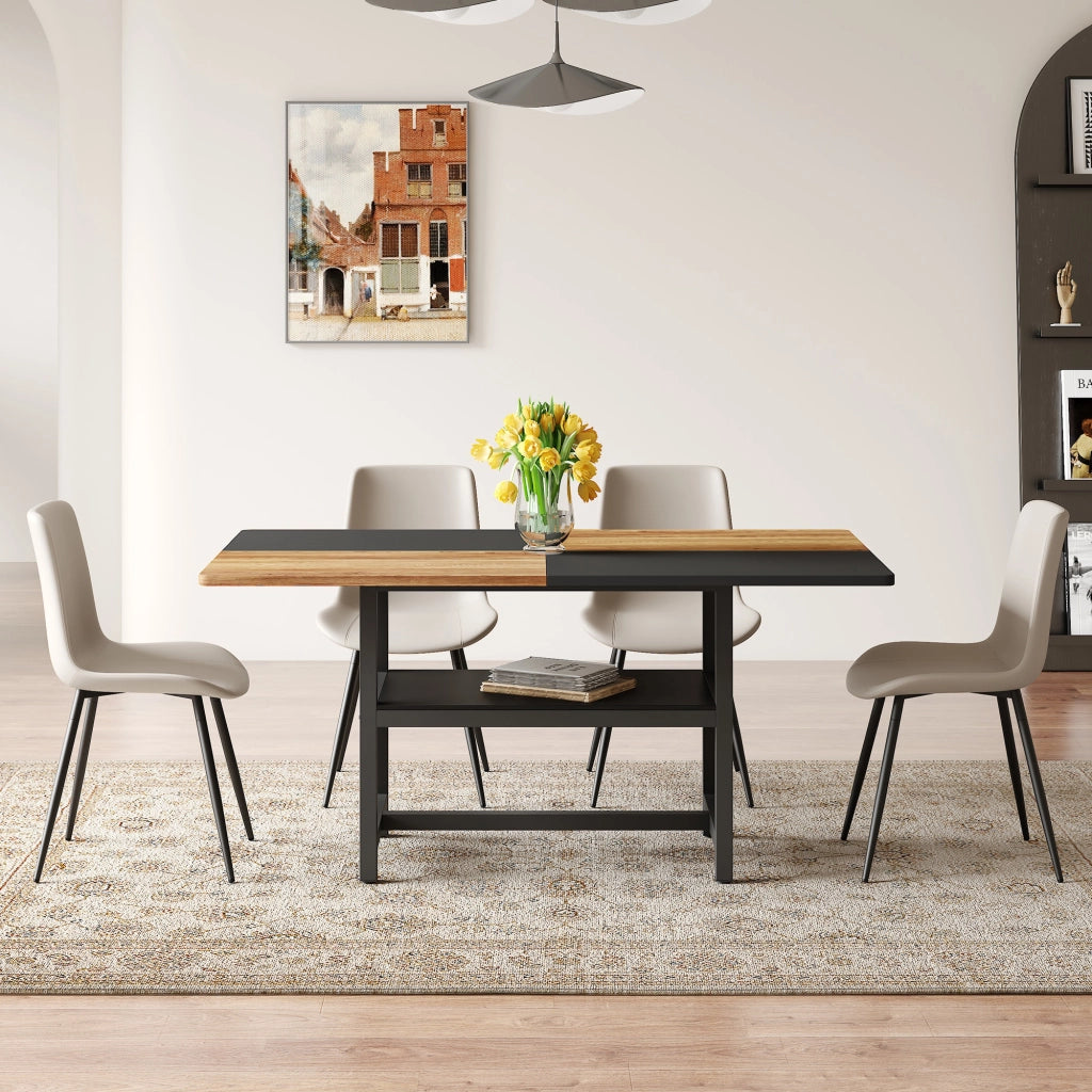 Tavolo da pranzo rettangolare con vano contenitore integrato e 4 sedie in tessuto tecnico, in MDF e metallo, marrone e nero
