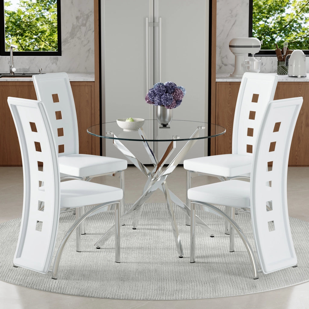 Set tavolo da pranzo e sedie con 1 tavolo rotondo e 4 sedie; vetro temperato e metallo; bianco e argento