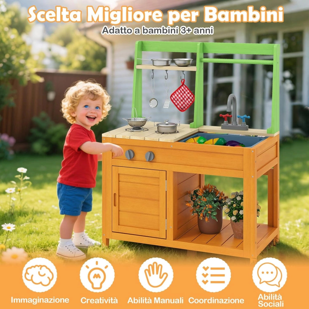 Cucina Giocattolo in Legno, Cucina da Gioco all'Aperto con Fornelli Realistici, Rubinetto, Lavandino, Forno e Accessori per Pentole, Giocattoli per Bambini dai 3+ Anni