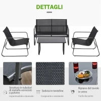 Set Tavolino con Panchina e 2 Sedie da Giardino, Arredamento da Esterno in Metallo e Texteline, Nero
