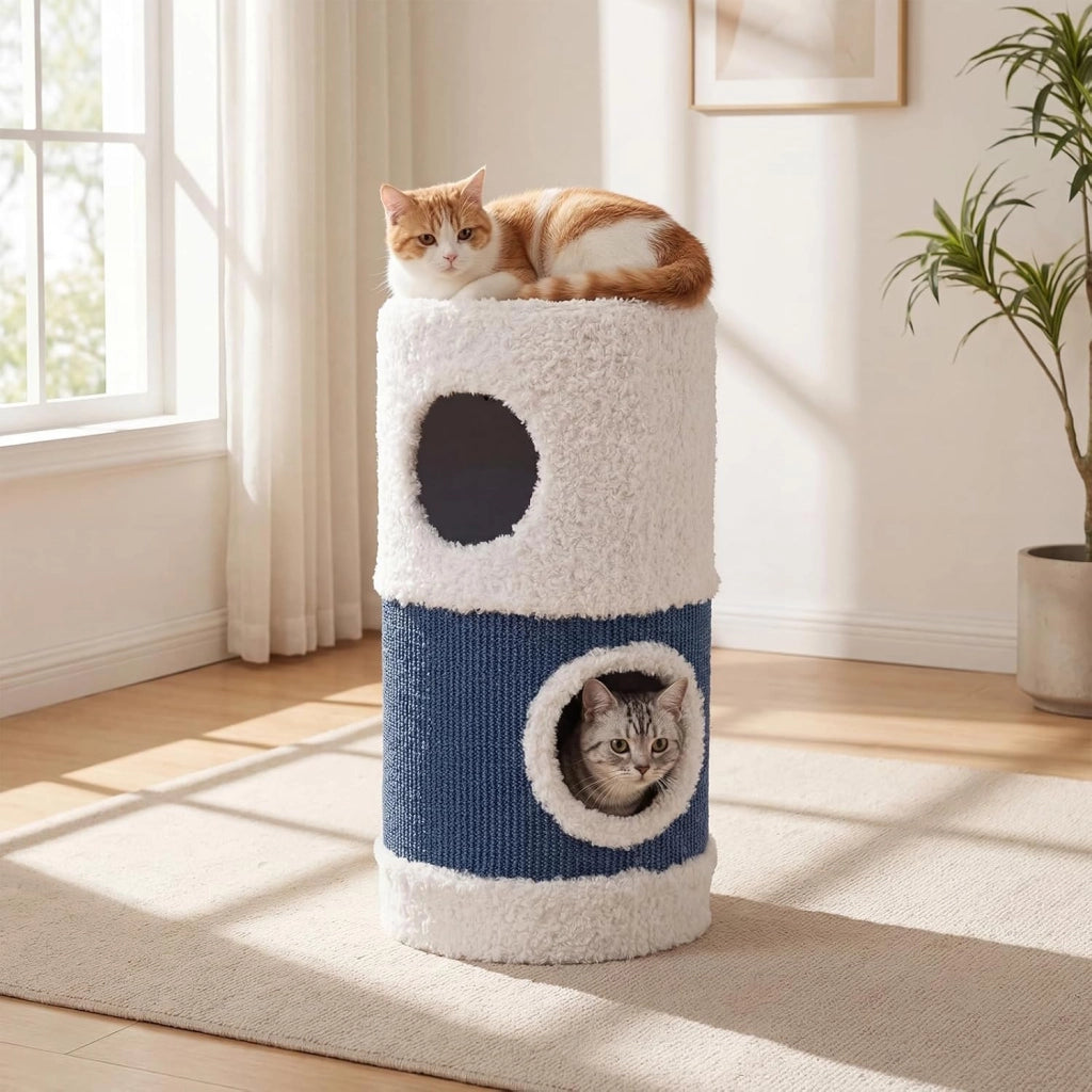 Casa per Gatti da Interno, Cuccia per Catti a 2 Piani con Tappetino in Sisal per Graffiare, Grotta Nascosta, Letto Coperto, Casetta Moderna per Più Gatti, Mobile a Forma di Barile con Anatra