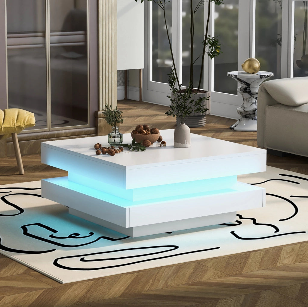 Tavolino da caffè quadrato con LED Bluetooth; 70 x 70 x 36 cm; truciolare bianco