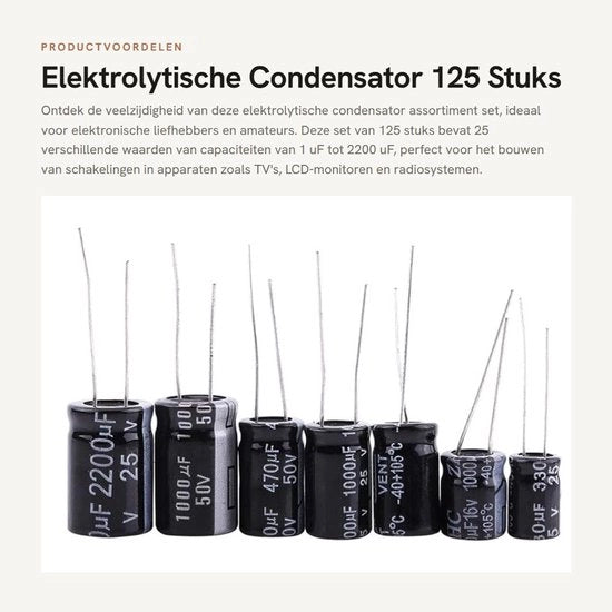 Condensatori elettrolitici - 125 pezzi - Capacità da 1 uF a 2200 uF - Per progetti elettronici - Condensatori miniaturi di alta qualità