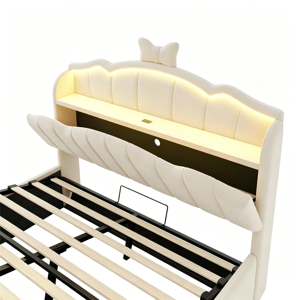 LETTO 140x200 cm imbottito in velluto beige con LED, USB, USB-C e vano contenitore