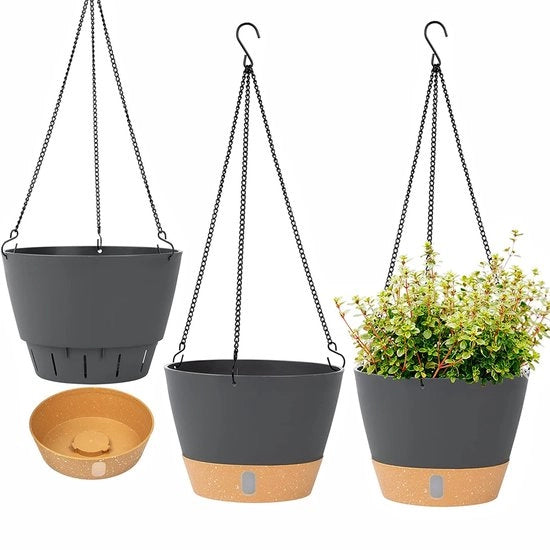 Set da 3 pezzi di vaso per piante appeso, vaso per piante appeso con ciotola rimovibile, ciotola per piante appesa con fori di drenaggio e ganci, manico per piante in plastica grigio-nero