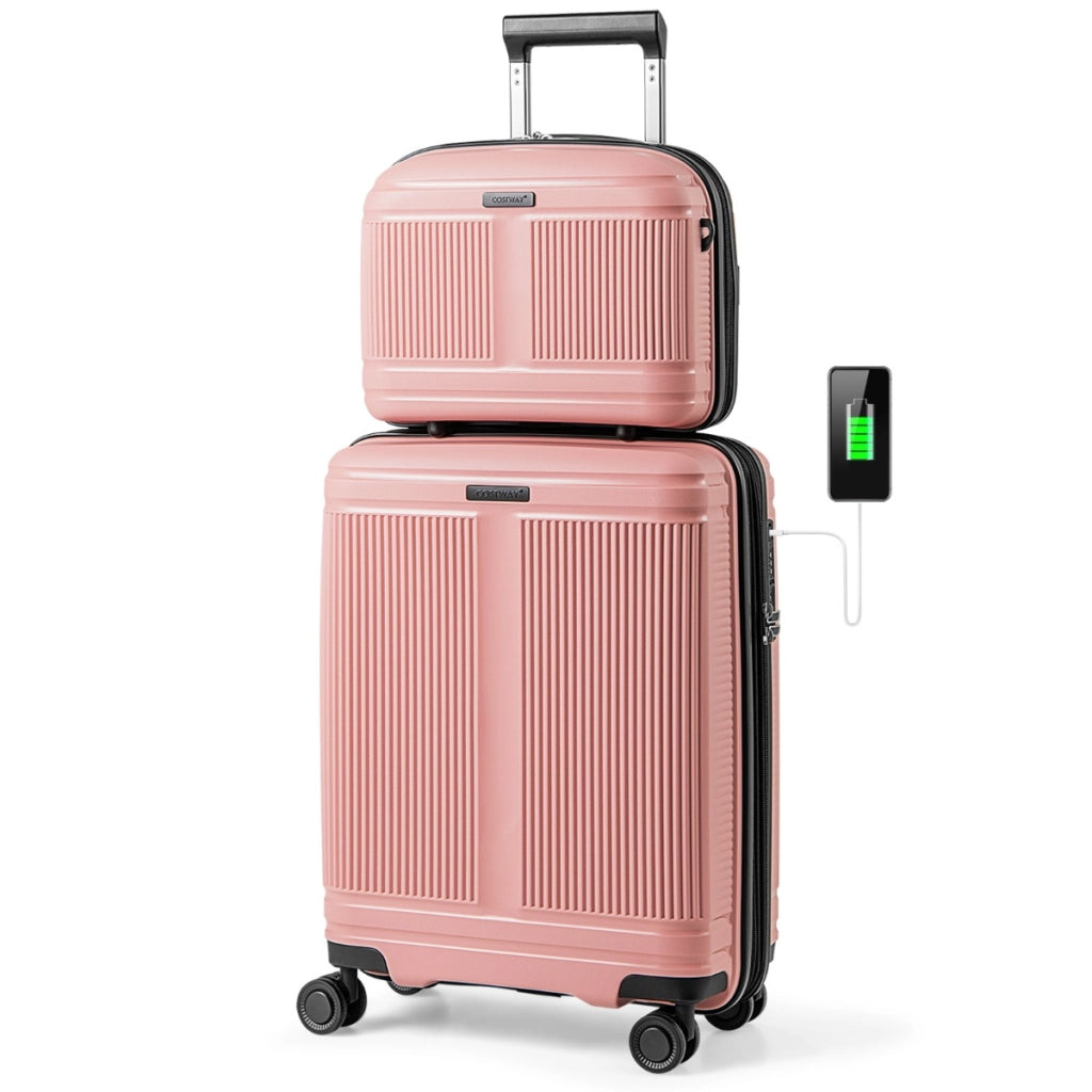 Set di bagagli da 2 pezzi con valigia da 20"e casetta da trucco da 14"-Bagaglio in materiale PP rigido leggero con porta USB Rosa