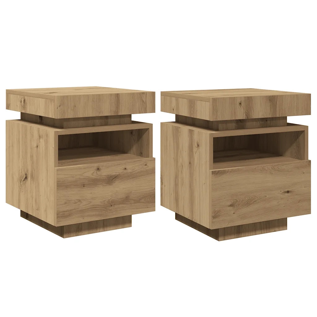 Set di 2 Comodini | Armadio da Notte | Mobiletto da notte con Luci LED Rovere Artigianale 40x39x48,5 cm