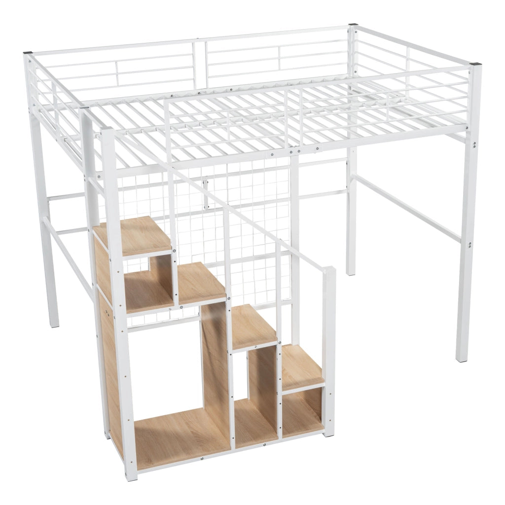 DESMIU Letto a soppalco 2 posti con contenitore, scala a griglia e appendiabiti, 140 × 200 cm, senza materasso