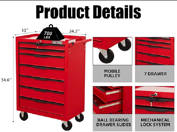 Scaffale con 7 cassetti e ruote, sistema di chiusura con chiave, per garage e officina, metallo rosso 615 × 330 × 860 mm