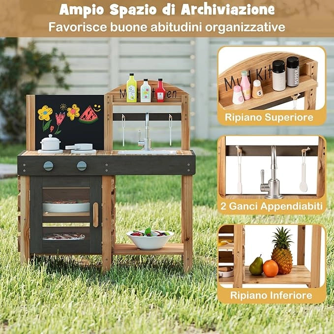 Cucina Giocattolo per Bambini, Cucina Legno per Bambini con Lavagna, Fornelli, Lavandino, Rubinetto, Forno, Accessori Generosi, Mensole di Stoccaggio, per 3+ Anni
