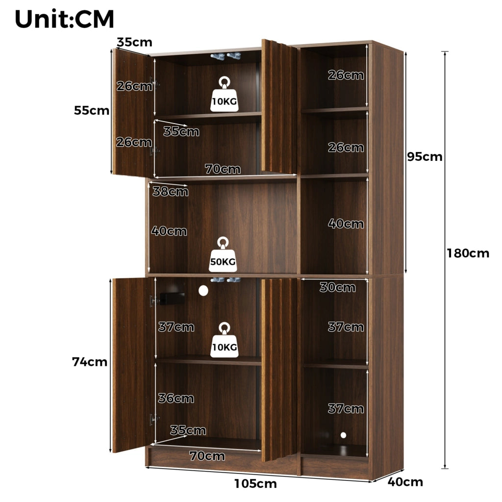 Credenza alta multifunzionale 105x40x180 cm in MDF colore noce con LED RGB e prese integrate