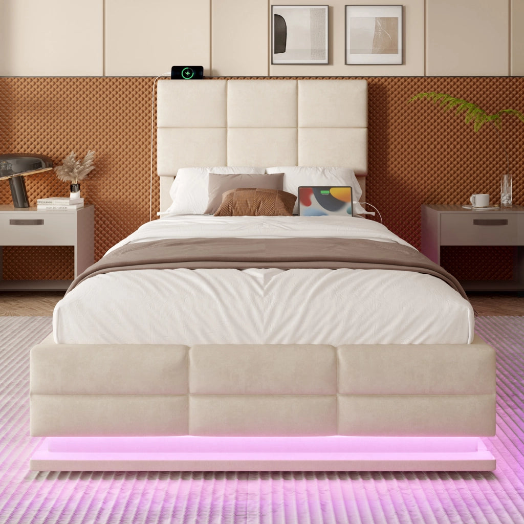 Letti contenitori 90x200 cm; testiera regolabile con LED e USB; velluto beige (Senza materasso)