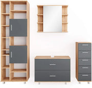 Set mobili bagno Ilias, Antracite/quercia dorata, 80.2 cm, composto da mobile lavabo, pensile a specchio, colonna e base media