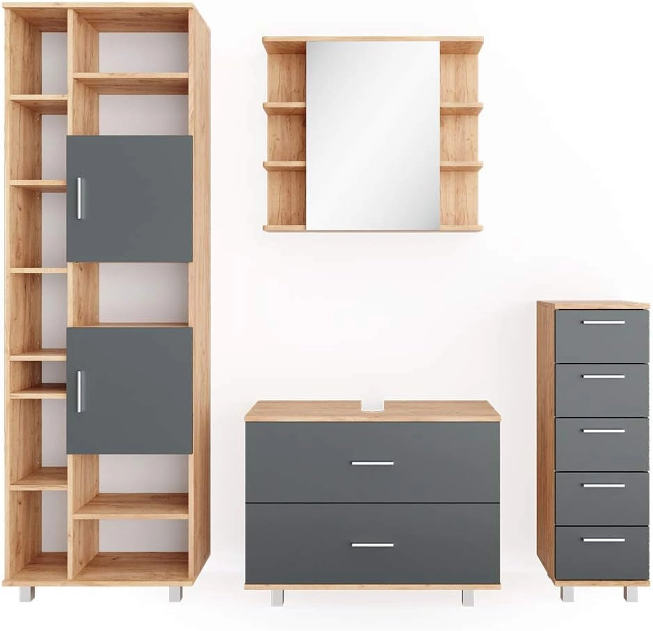Set mobili bagno Ilias, Antracite/quercia dorata, 80.2 cm, composto da mobile lavabo, pensile a specchio, colonna e base media