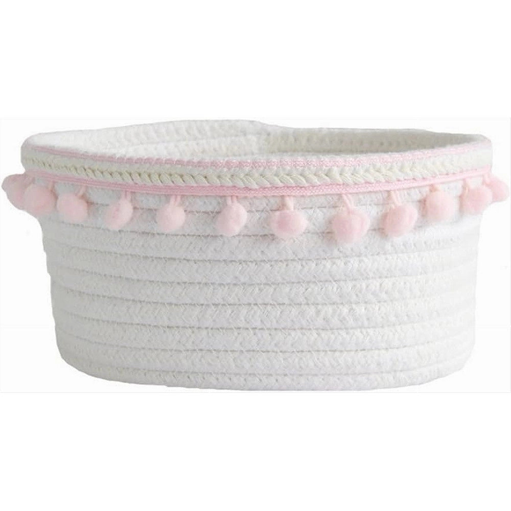 Trade Shop - Cesto Porta Oggetti Per Biancheria In Corda Pon Pon Rosa Cestino 22x9.5 Cm 10666 -