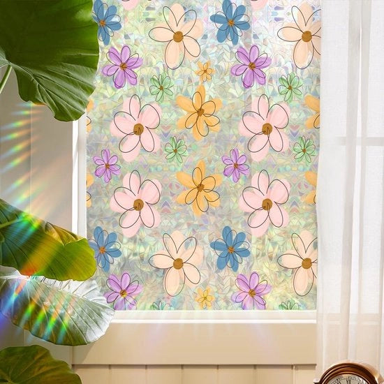 Film di Protezione per Finestre 3D Decorativa - Anti-Intrusione - Adesivo Statico - Fiori - Verdusterisce - 40 x 101 cm