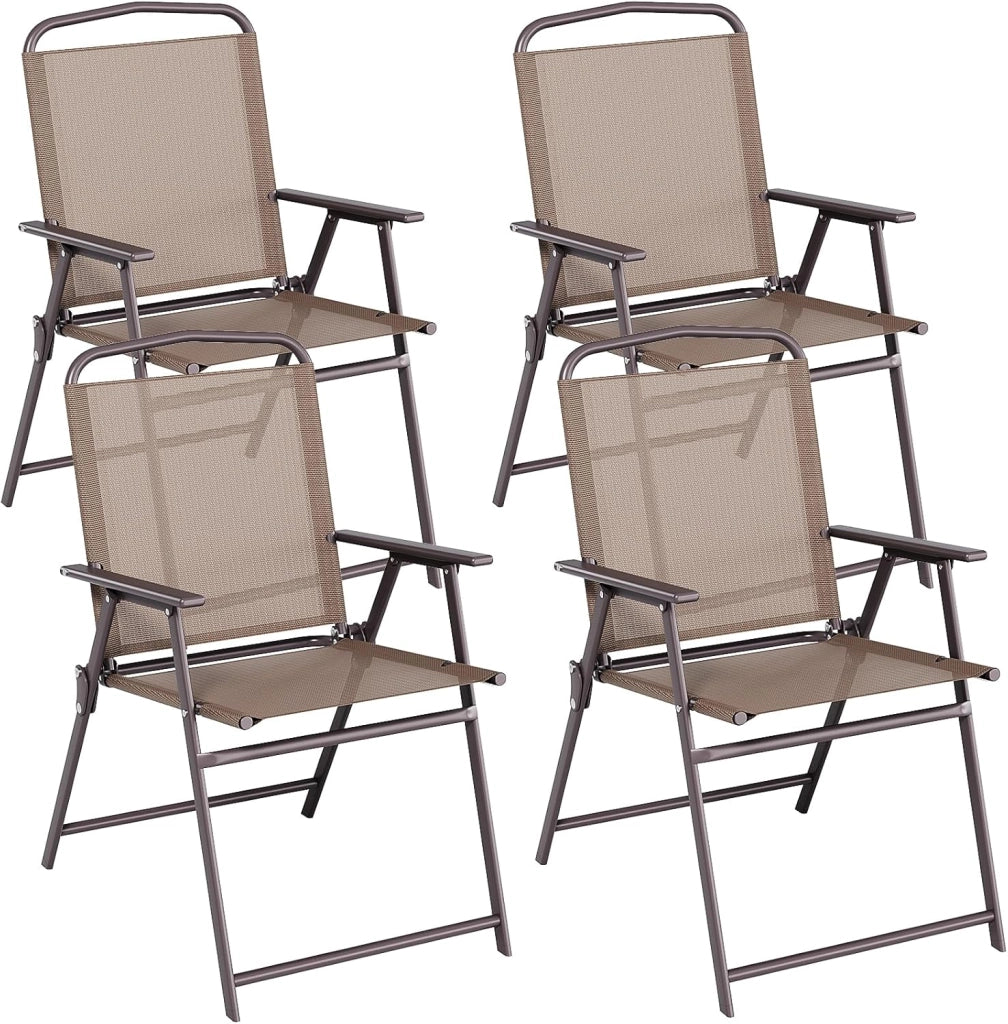 Set di 4 sedie pieghevoli con schienale, braccioli, sedie da terrazza, sedie da pranzo, fino a 150 kg, sedia pieghevole per campeggio, spiaggia, giardino, piscina, terrazza, marrone