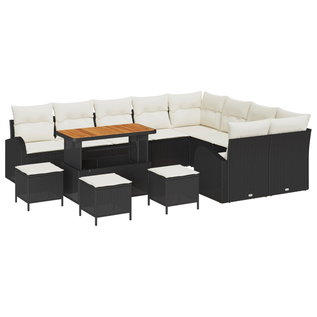 Set di Divani da Giardino in 13 Pezzi con Cuscini neri in Polyrattan e Acacia