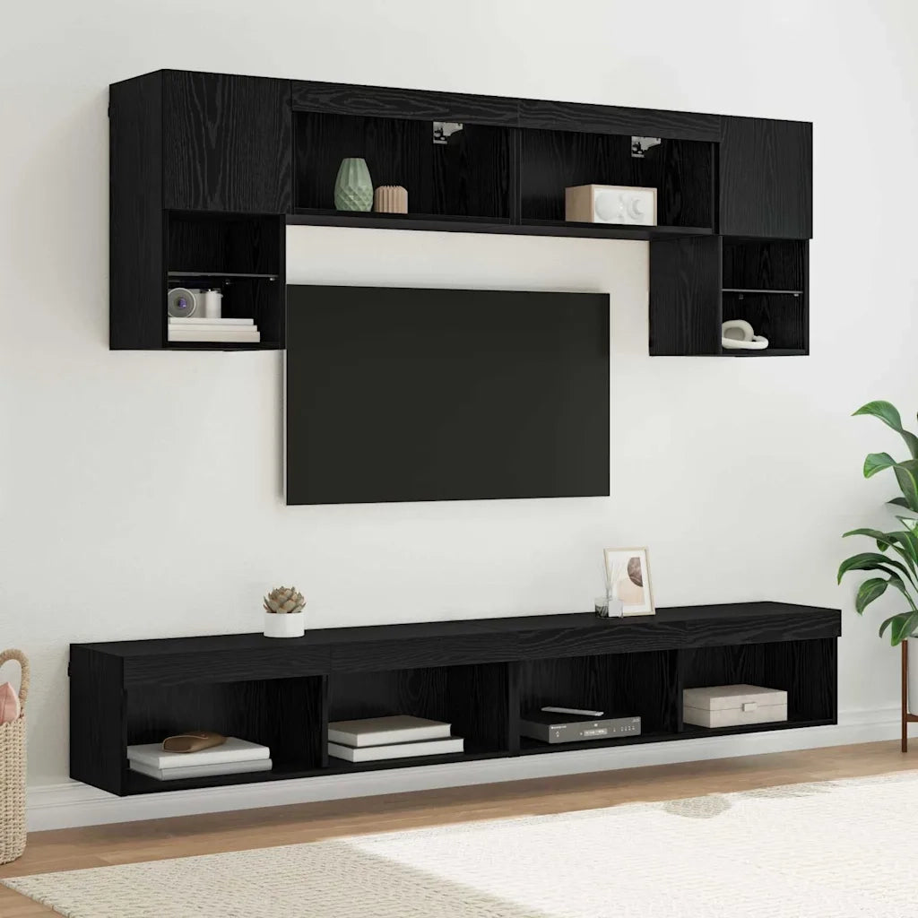 Unità a muro per TV con LED 6 pcs Rovere Nero Legno multistrato 3402964