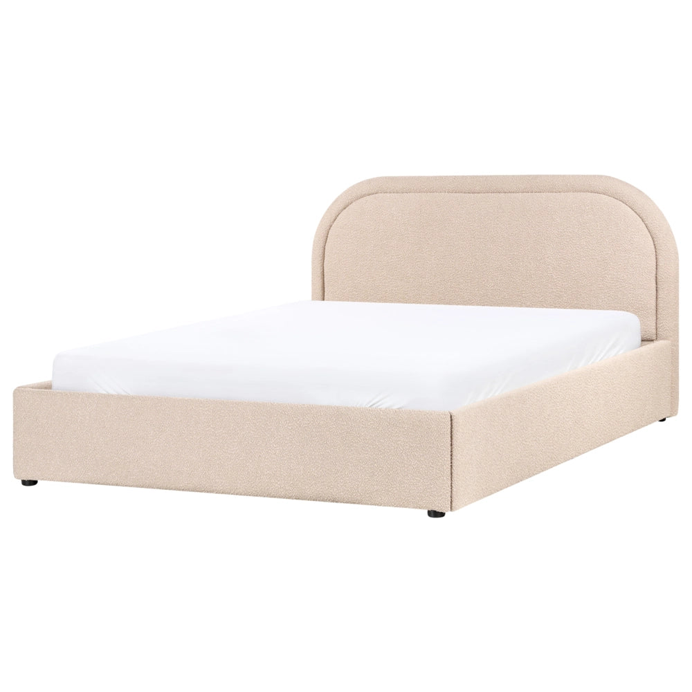 Letto moderno con contenitore e testata imbottita in bouclé beige chiaro 140 x 200 cm