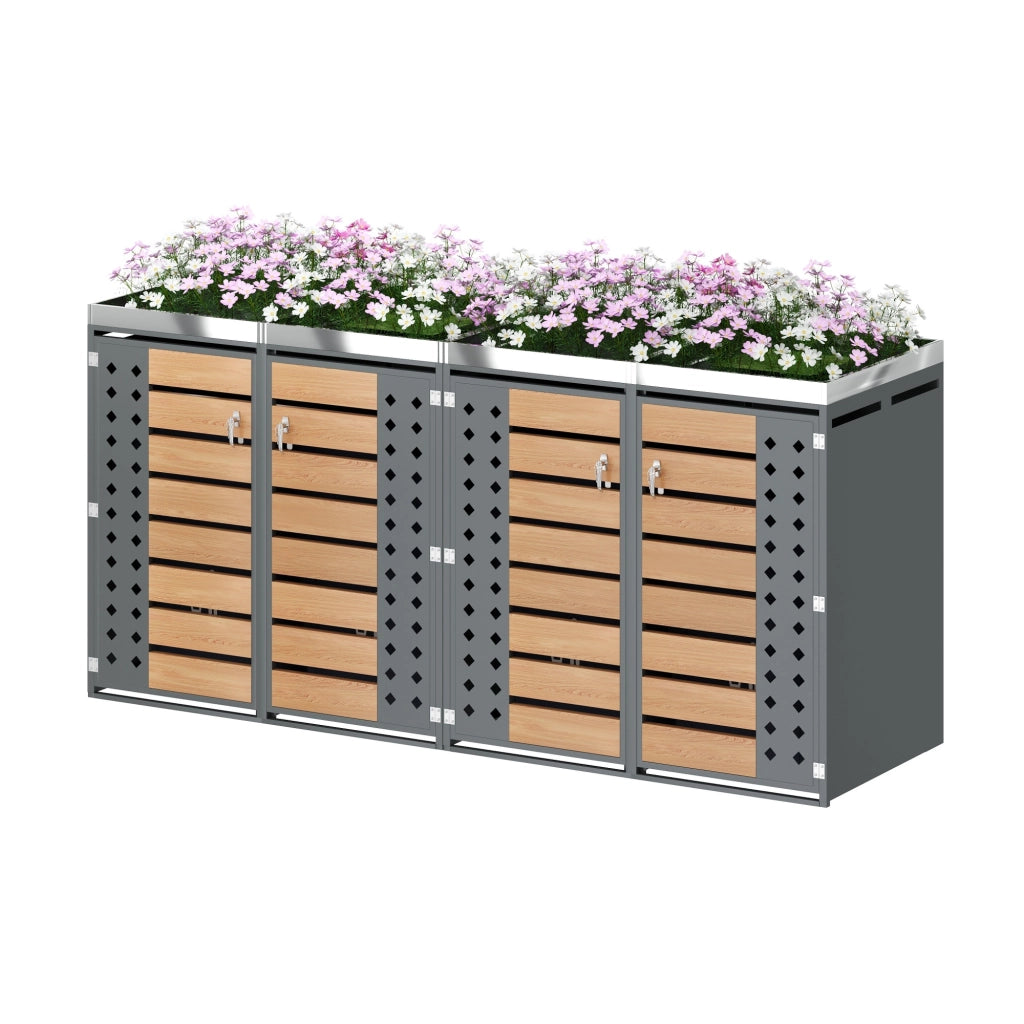 Copribidoni per 4 Contenitori con Ante con Serratura Fioriera Integrata Pannelli Ventilati in Acciaio Grigio