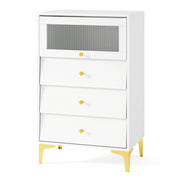 Com¨° 3 cassetti mobiletto moderno con porta in vetro a ribalta e cassetti estraibili, Gambe in metallo dorato e design anti-ribaltamento Bianco