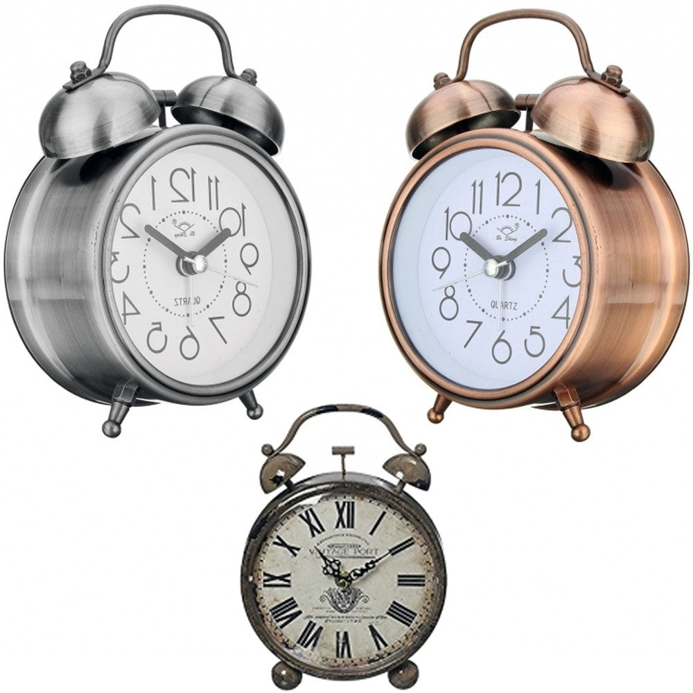 Trade Shop - Sveglia Analogica Orologio Metallica Luce Led Allarme Sonoro Campana Stile Retrò -