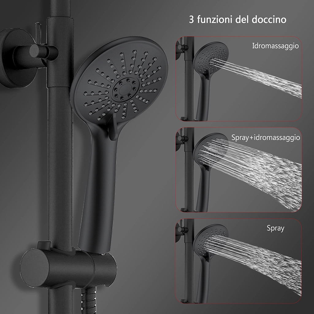 Colonne doccia nero, soffione doccia quadrato 20x20cm acciaio inox, miscelatore termostatico doccia tondo antiscottature