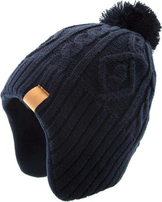 Muffa unisex per bambini - cappello di lana con pompon - cappello di lana modaiolo - protezione orecchio cappello caldo - cappello per bambini - adatto da 8 anni - colore blu scuro - 26*21cm