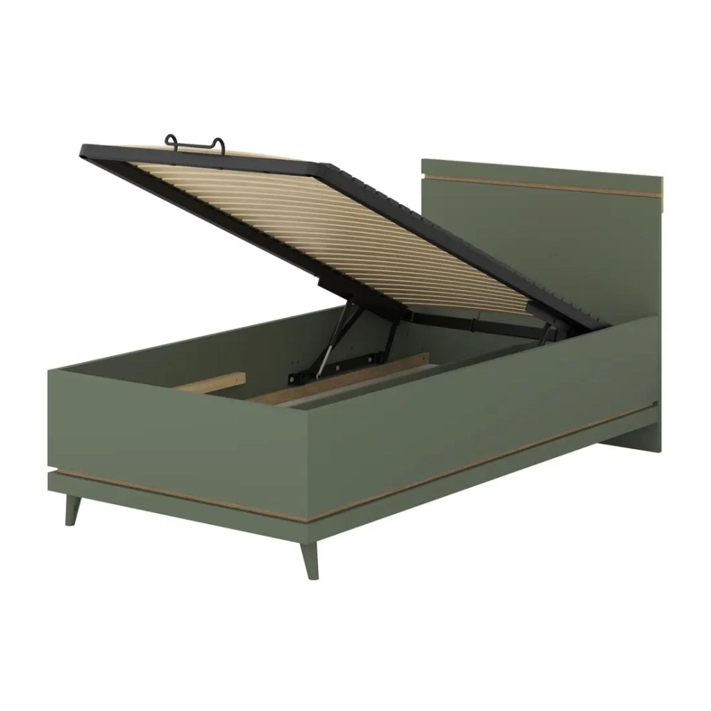 Letto contenitore per bambini NOKI – 100x200 cm verde e legno – Stile scandinavo