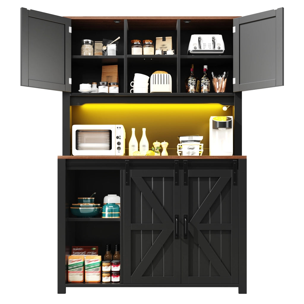 Credenza da cucina alta 115 x 40 x 174,7 cm con ripiani regolabili, ante scorrevoli e illuminazione LED
