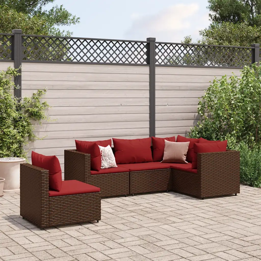 Set Divani da Giardino 5 pz con Cuscini Marrone in Polyrattan