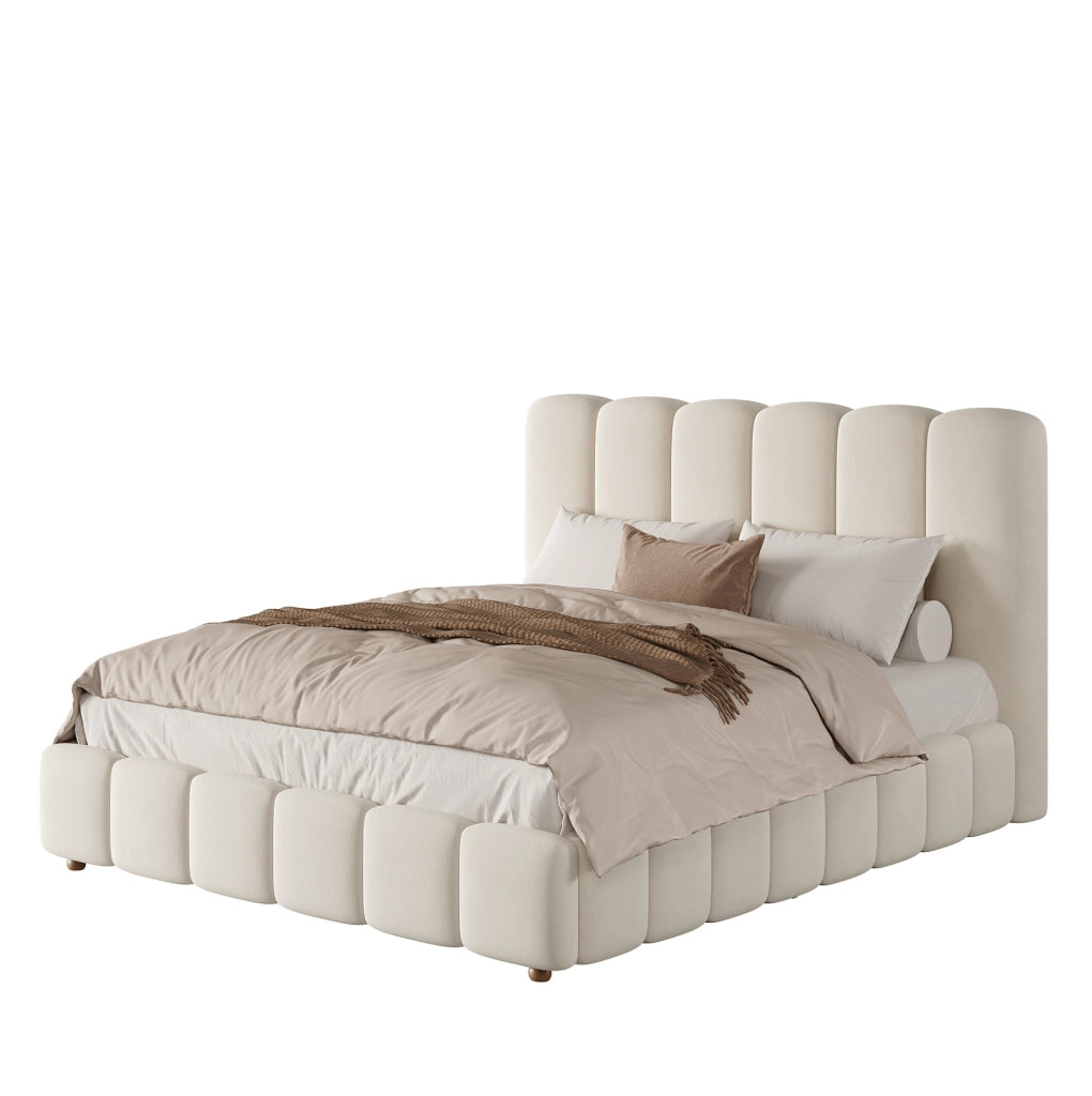 Letto matrimoniale imbottito con contenitore idraulico 140 x 190 cm in velluto beige