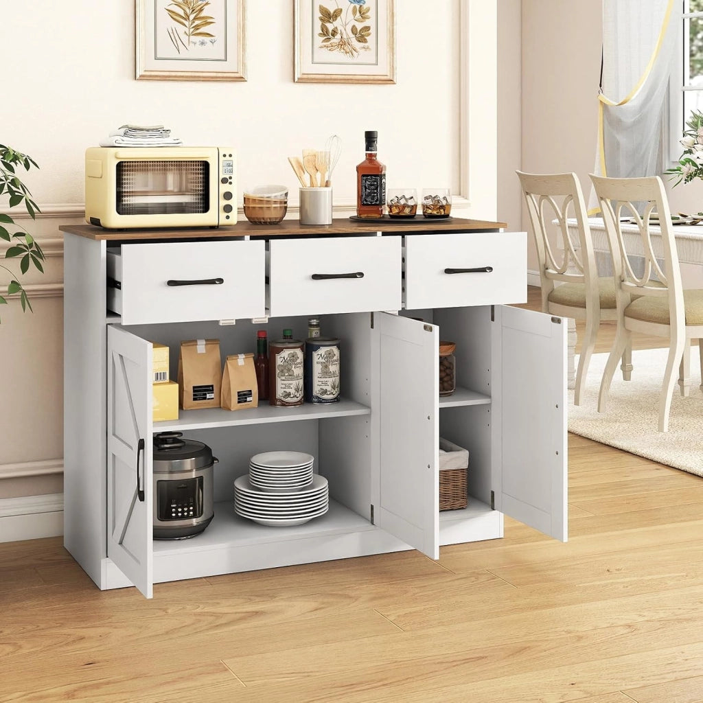 Credenza da Cucina con Ripiano Regolabile, Mobiletto Multiuso con Ante e 3 Cassetti, Mobile Buffet con Kit Antiribaltamento, per Soggiorno, Sala da Pranzo, 108x38x81cm(In 2 Pacchi) (Bianco)
