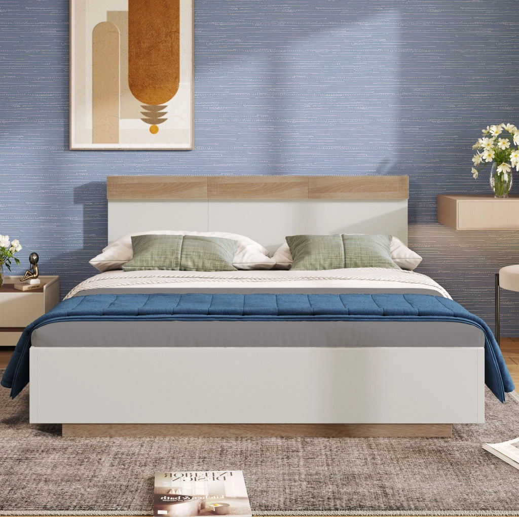 Letto matrimoniale 180x200 cm con rete a doghe; bianco e effetto rovere sonoma