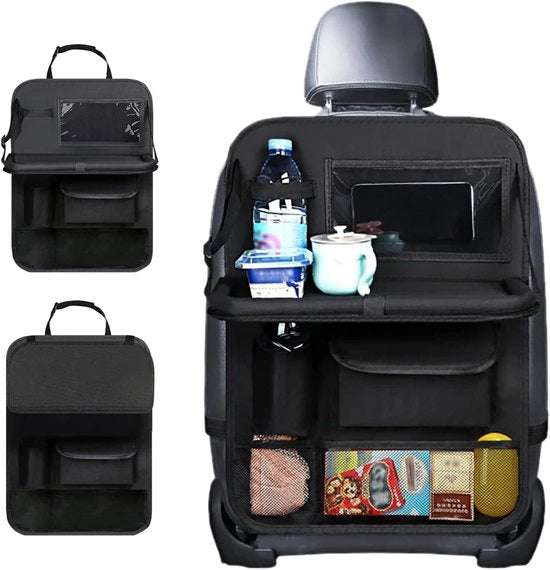 Organizzatore di sedile posteriore con tavolo e protezione del sostegno per bambini - Tastiera touch, multifunzione, impermeabile (Nero)