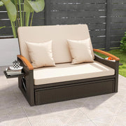 Lettino Regolabile da Giardino con Cuscino e Panca Contenitore, Divano Salvaspazio da Esterno con Schienale Regolabile a 4 Livelli e Vassoi Laterali Estraibili, per Piscina e Cortile (Beige)