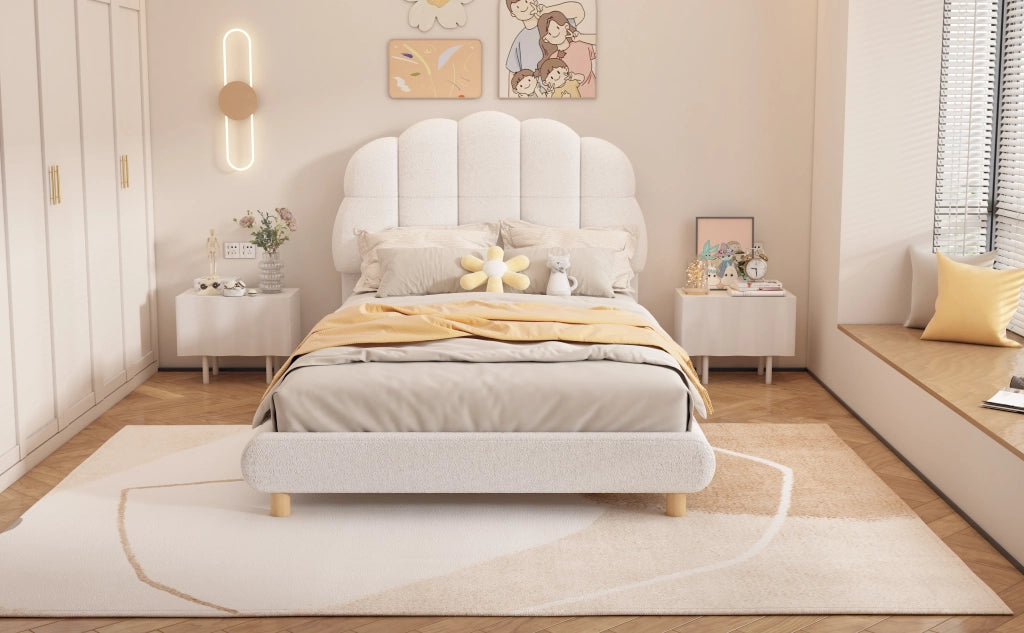 DESMIU Letto per bambini 90 × 200 cm 1 posto con testiera imbottita, senza materasso, in tessuto peluche e MDF, bianco