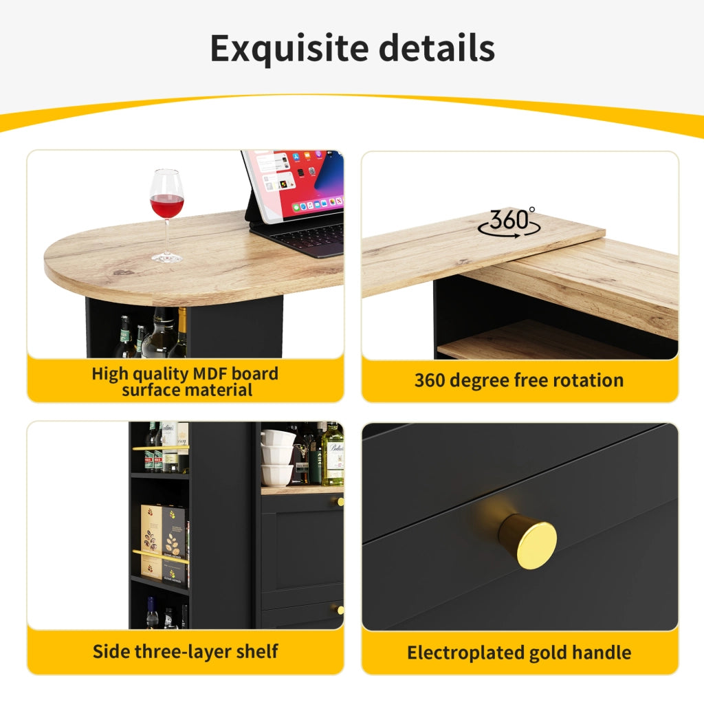 Mobile modulare nero in MDF con 4 cassetti e ripiano laterale girevole a 360°