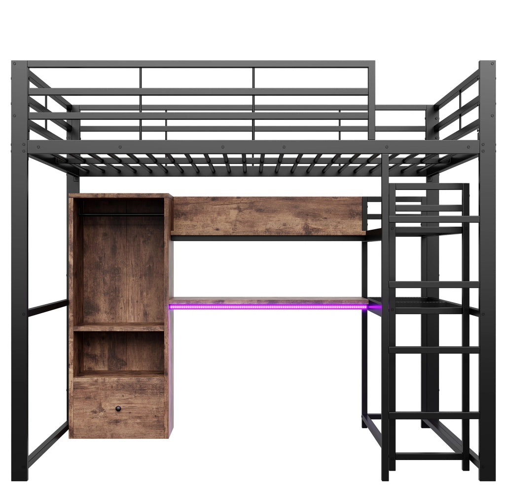 Letto a soppalco 140x200 cm con LED; scrivania; cassetto e mensole in MDF e metallo