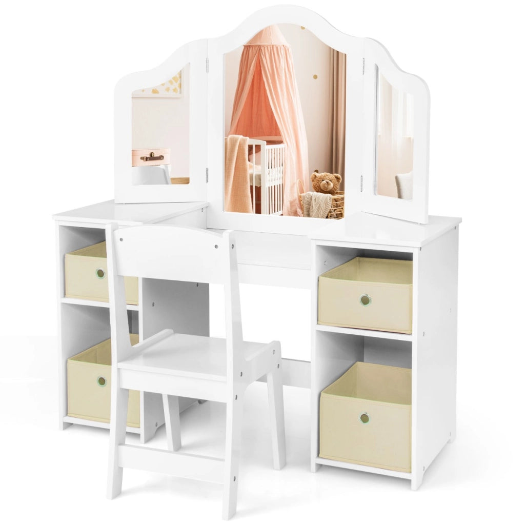 Toeletta da trucco con sgabello per bambini-Set da gioco da principessa con 3 specchi rimovibili 4 contenitori Bianco