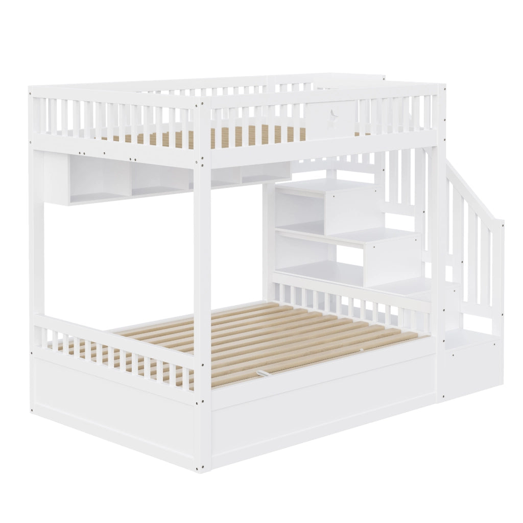 OKWISH Letto a castello 140×200 cm, Letto Matrimoniale con Contenitore idraulico, Scala con Contenitore e Mensole, senza Materasso, in Legno, Bianco