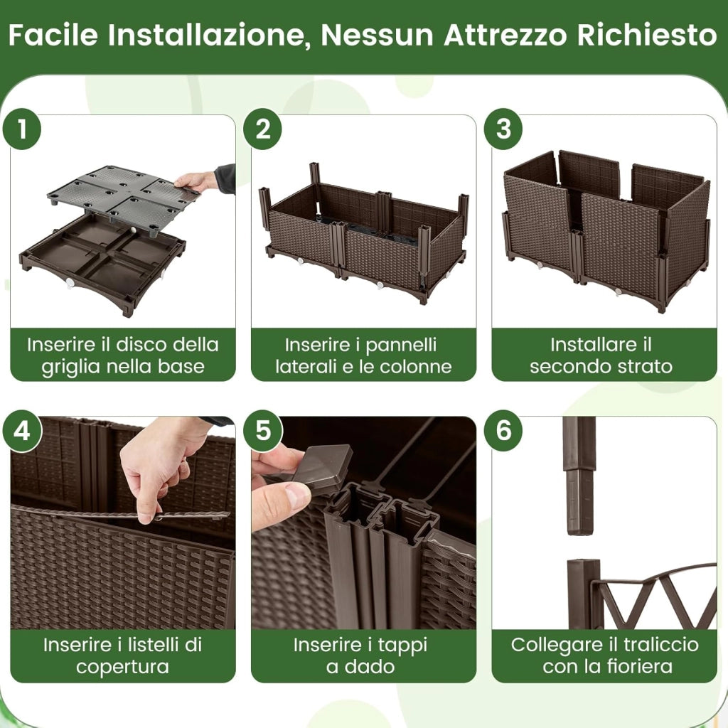 Letto da Giardino Elevato con Trellis a Lattice, Fioriera Autoinnaffiata per Piante Rampicanti, Fiori e Verdure, Fioriera Verticale da Interni e Esterni (Marrone,80 x 40 x 140 cm)