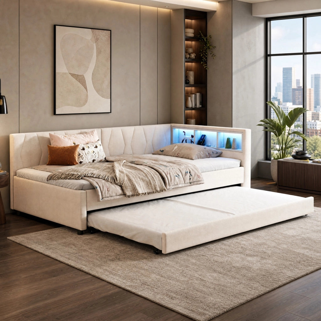 LETTO estraibile 90x200 cm in lino beige con USB, LED e vani testiera