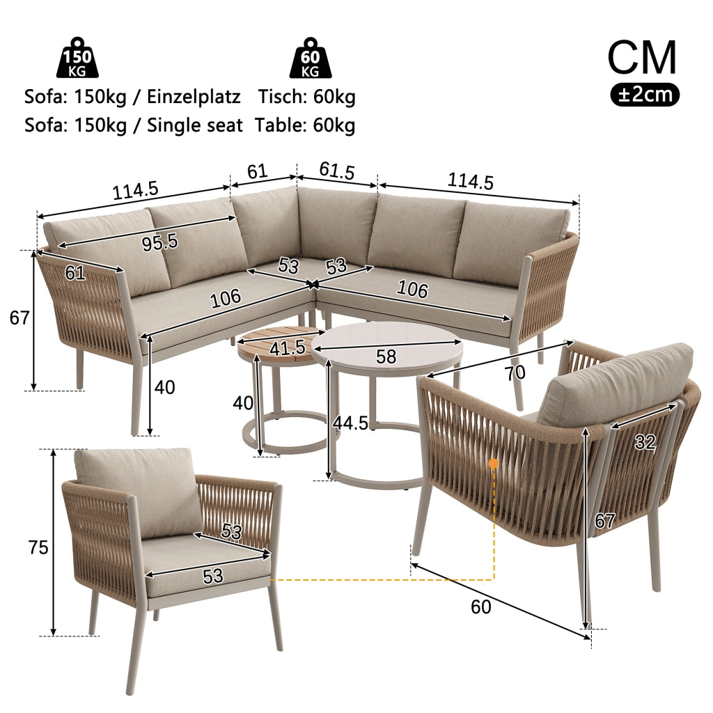 Set da giardino per 5-6 persone - Zephmum- Set modulare con cuscini e seduta resistente all'acqua, colore beige