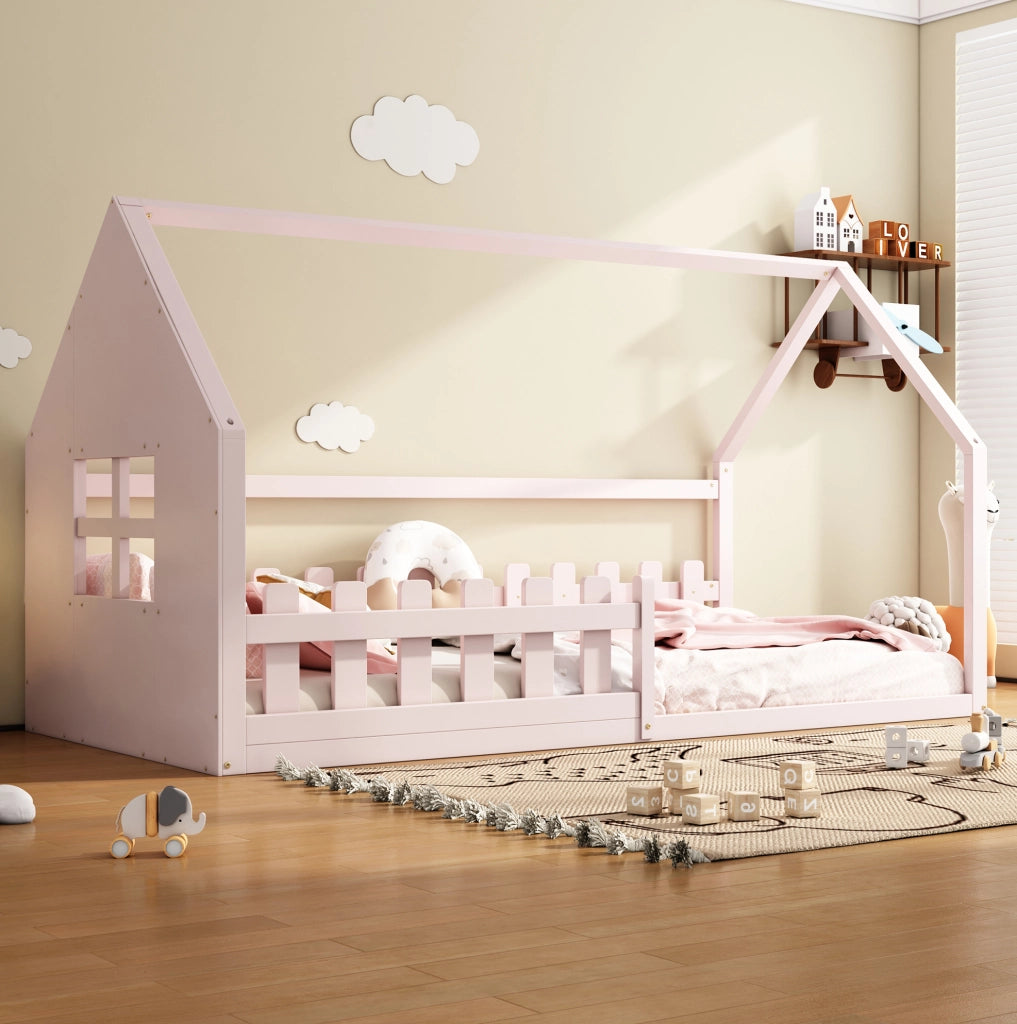 Letto per bambini a casetta rosa 90 x 200 cm in pino e MDF