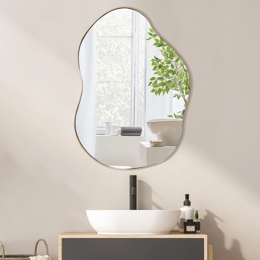 Specchio da parete asimmetrico con base posteriore premium da 78x56,5cm, Specchio da parete a forma irregolare Oro-Specchi da parete