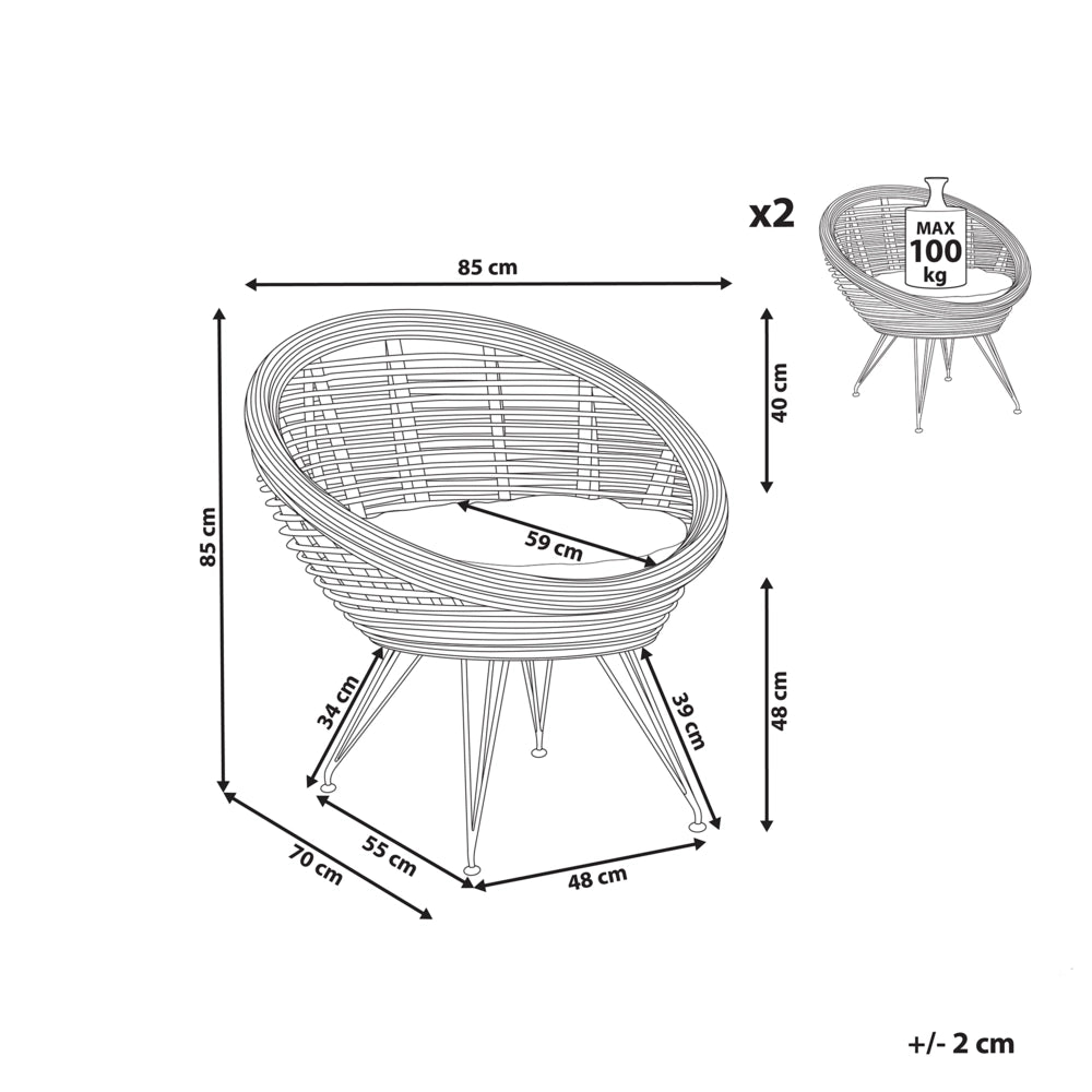 Set 2 Sedie Naturale Rattan Cotone Cuscino Indoor Outdoor Stile Boho Giardino Patio Balcone