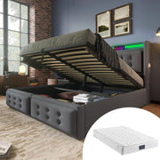 Letto imbottito grigio 160 x 200 cm con LED, ricarica e materasso