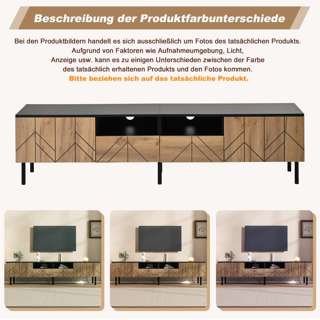 Mobile porta TV moderno con 2 cassetti e 2 ante, per soggiorno, in truciolato, nero e effetto legno, 180 × 40 × 45 cm